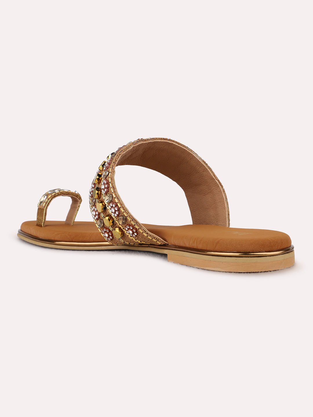 Womens Golden Ethnic Embellished T-Strap Flat Slip-On Sandals