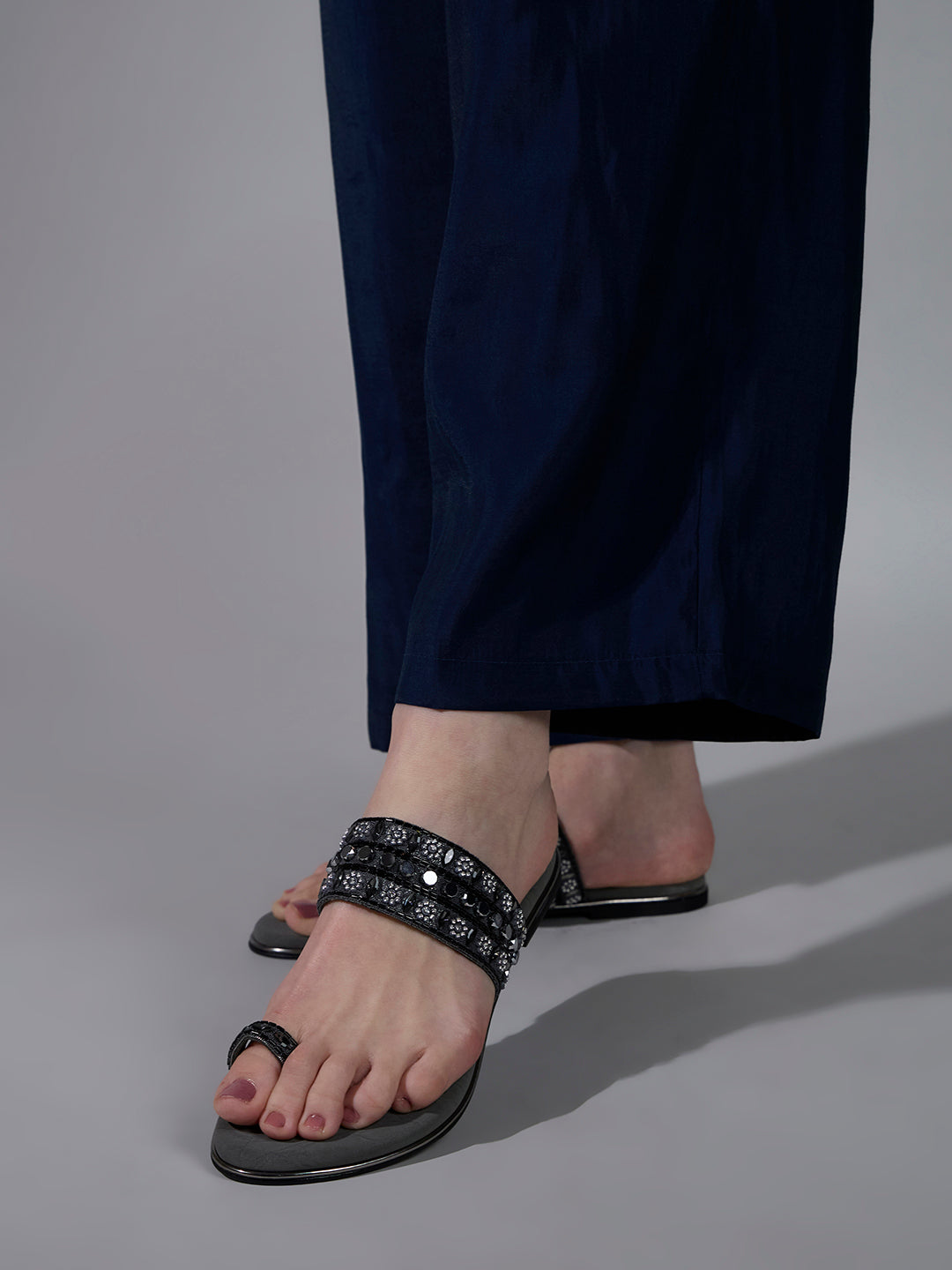 Womens Pewter Ethnic Embellished T-Strap Flat Slip-On Sandals