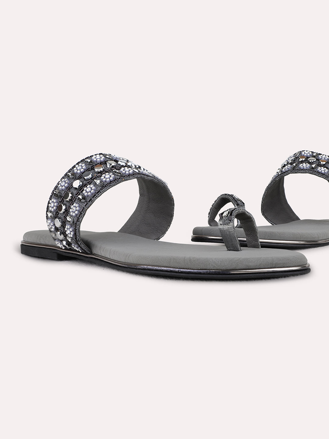 Womens Pewter Ethnic Embellished T-Strap Flat Slip-On Sandals