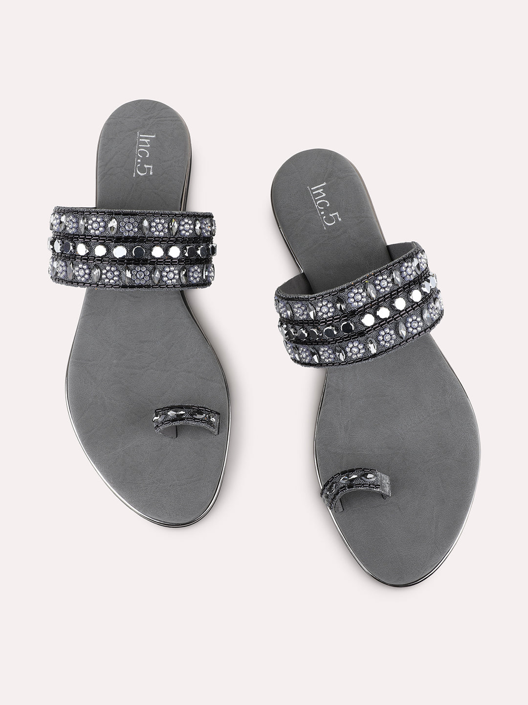 Womens Pewter Ethnic Embellished T-Strap Flat Slip-On Sandals