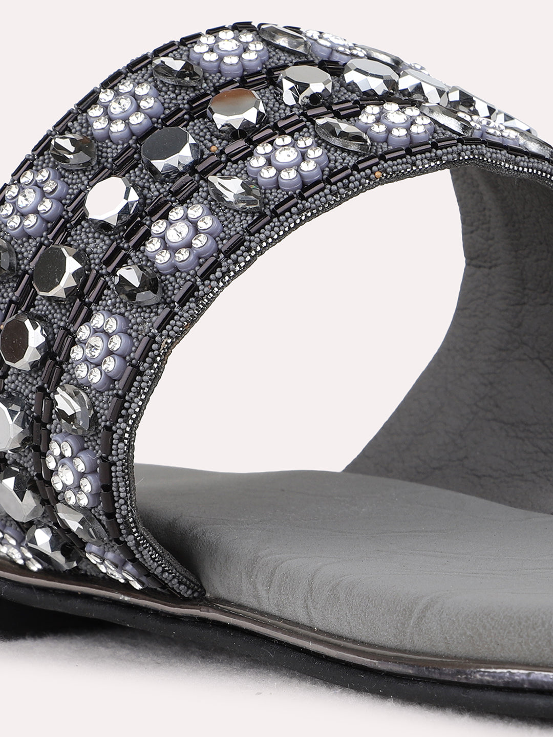 Womens Pewter Ethnic Embellished T-Strap Flat Slip-On Sandals