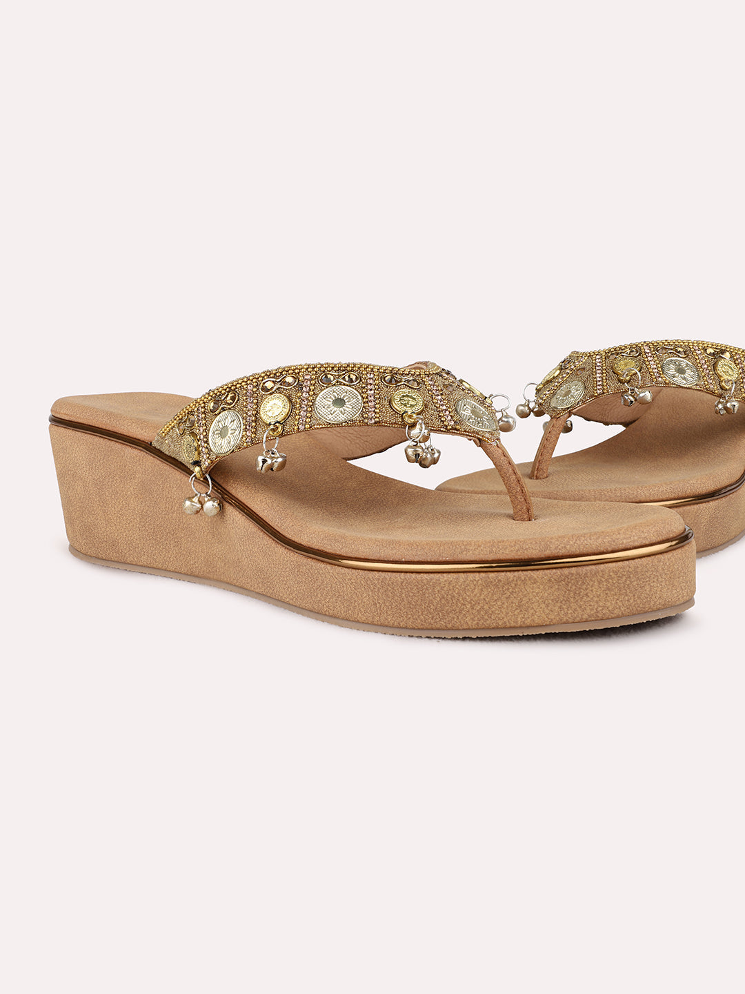 Womens Golden Ethnic Embellished Round Toe Wedge Heel Sandals