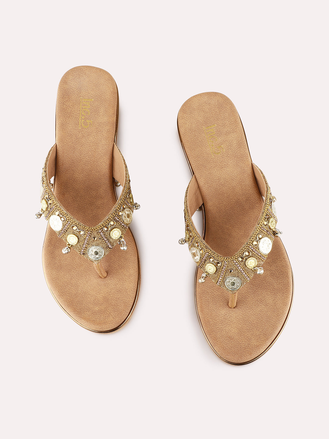 Womens Golden Ethnic Embellished Round Toe Wedge Heels