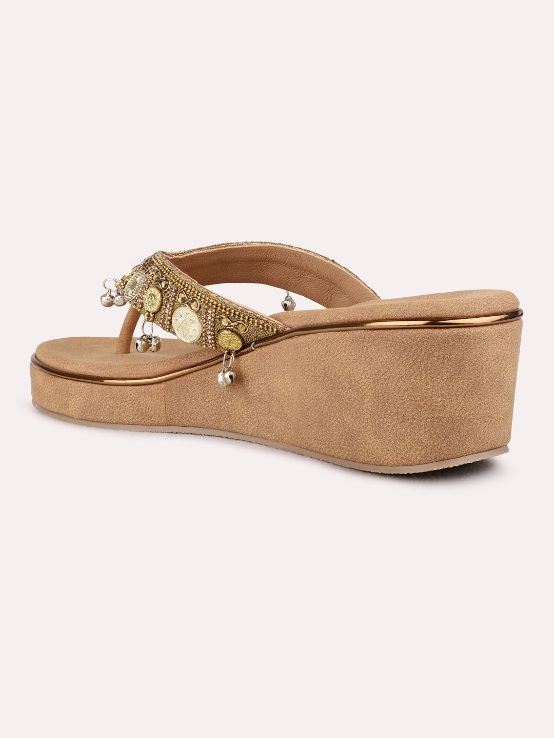 Womens Golden Ethnic Embellished Round Toe Wedge Heels