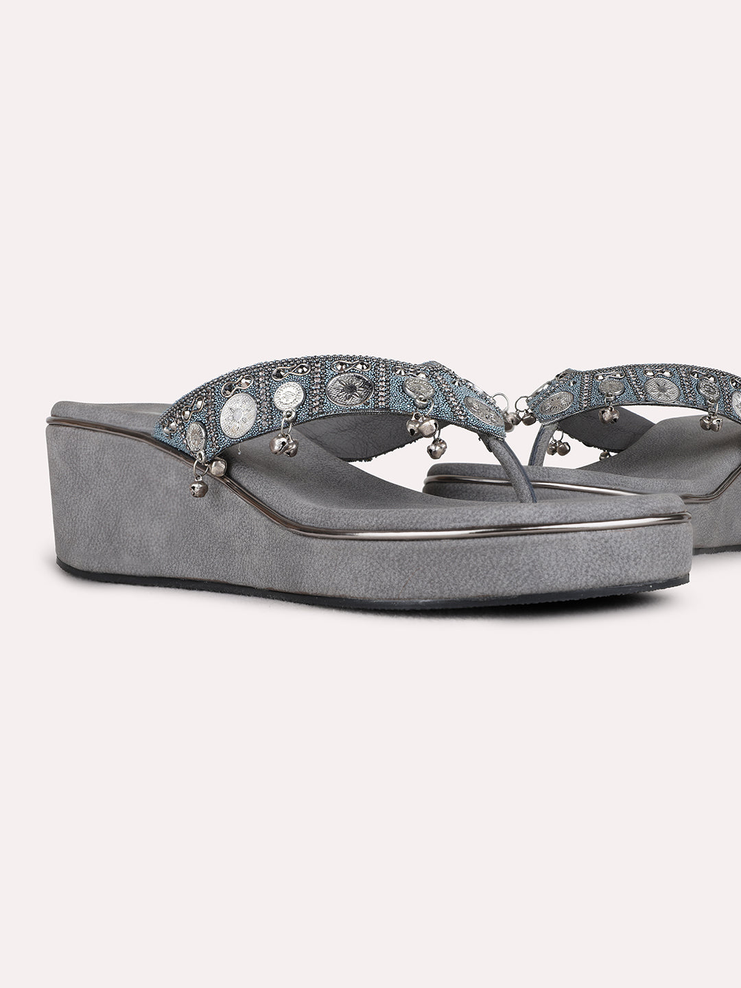 Womens Grey Party Wear Embellished Round Toe Wedge Heels