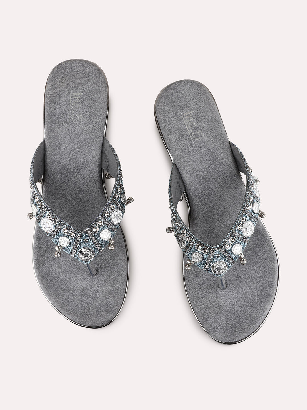 Womens Grey Party Wear Embellished Round Toe Wedge Heels