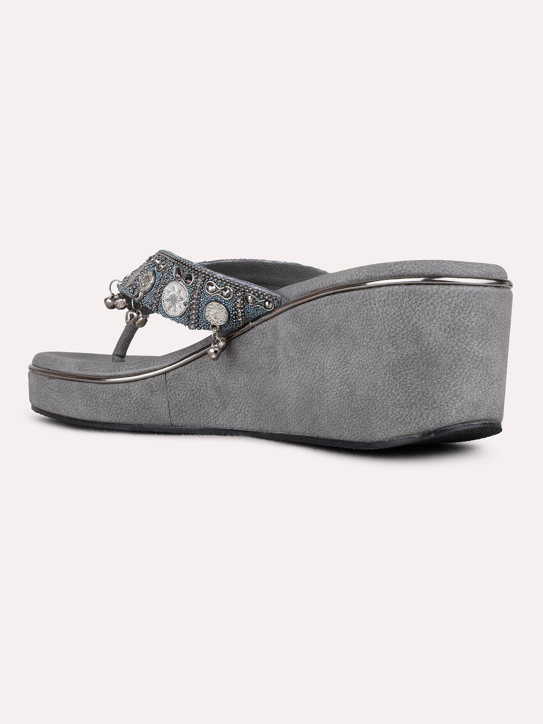 Womens Grey Party Wear Embellished Round Toe Wedge Heels