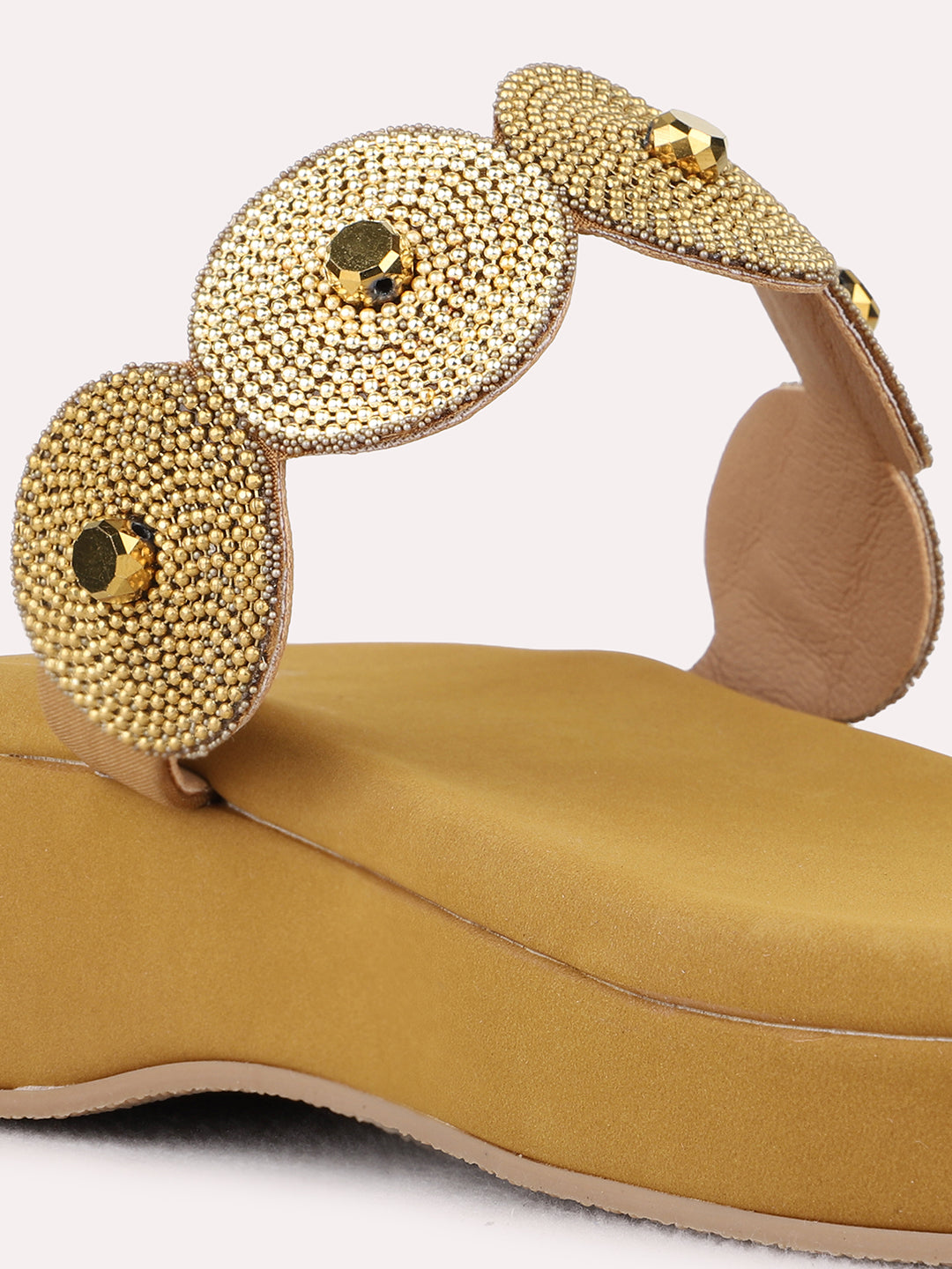 Womens Golden Casual Embellished Round Toe Wedge Heel Sandals