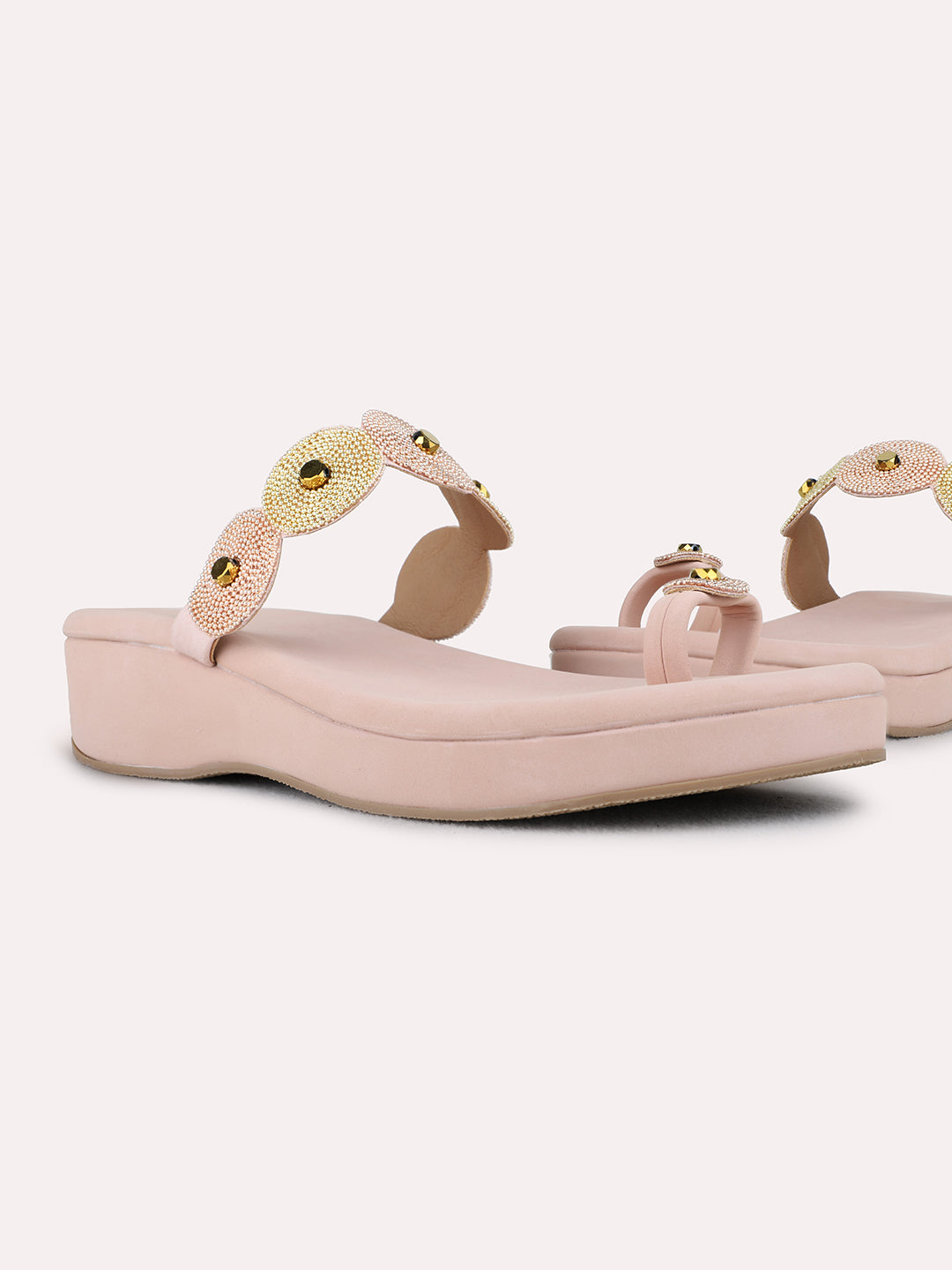 Womens Rose Gold Casual Embellished Round Toe Wedge Heel Sandals