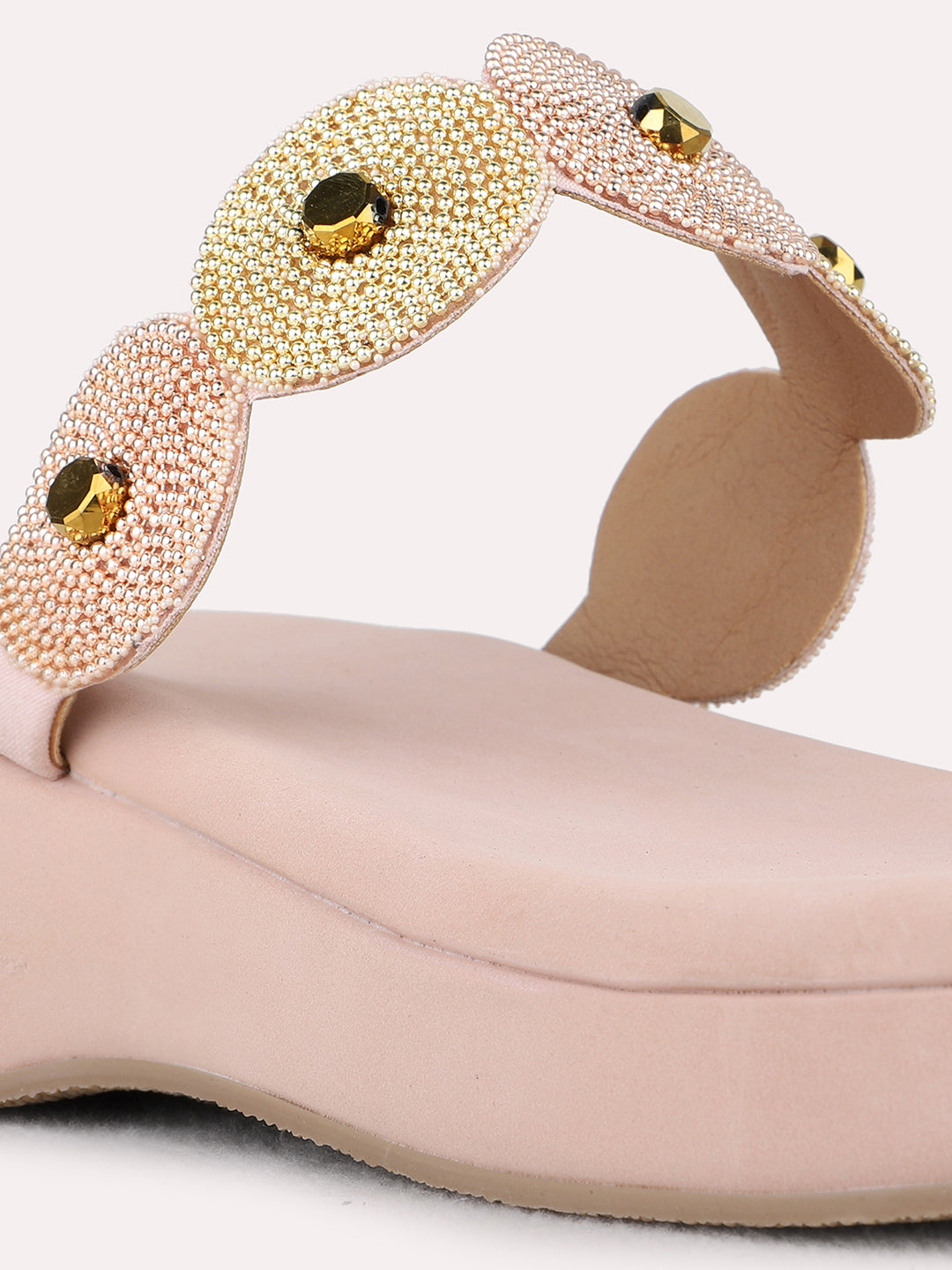 Womens Rose Gold Casual Embellished Round Toe Wedge Heel Sandals