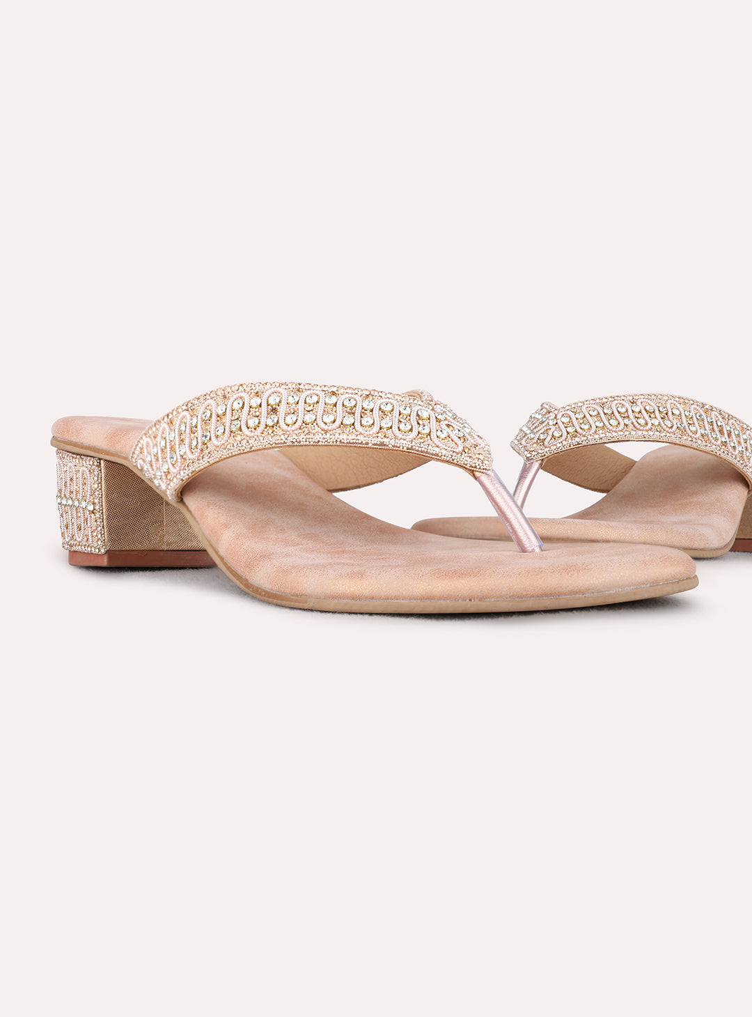 Womens Rose Gold Ethnic Embellished Round Toe Block Heels