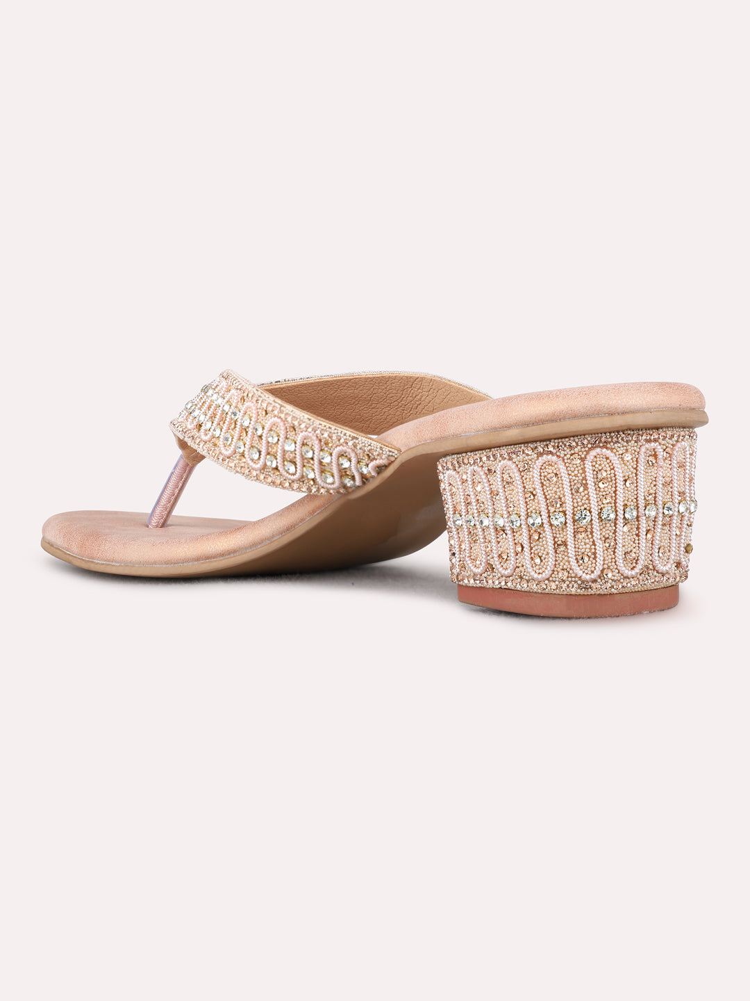 Womens Rose Gold Ethnic Embellished Round Toe Block Heels