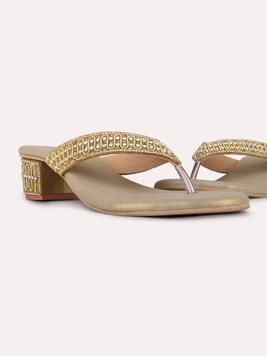 Womens Gold Ethnic Embellished Round Toe Block Heels