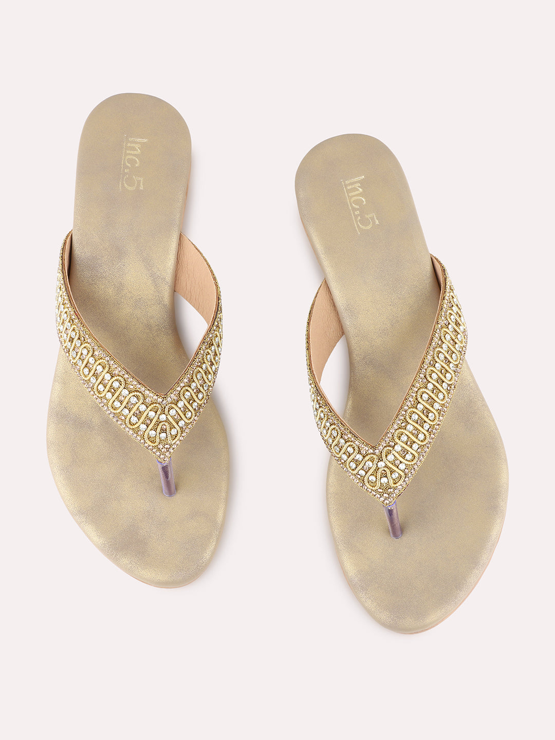 Womens Gold Ethnic Embellished Round Toe Block Heels