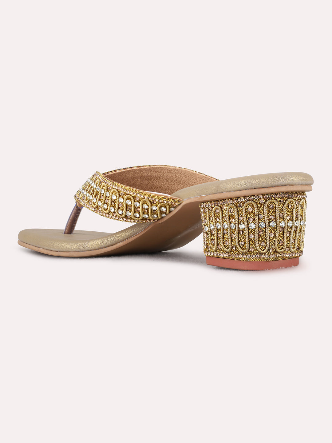 Womens Gold Ethnic Embellished Round Toe Block Heels