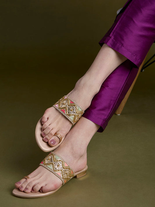 Womens Rose Gold Ethnic Wear Embellished Round Toe Block Heels