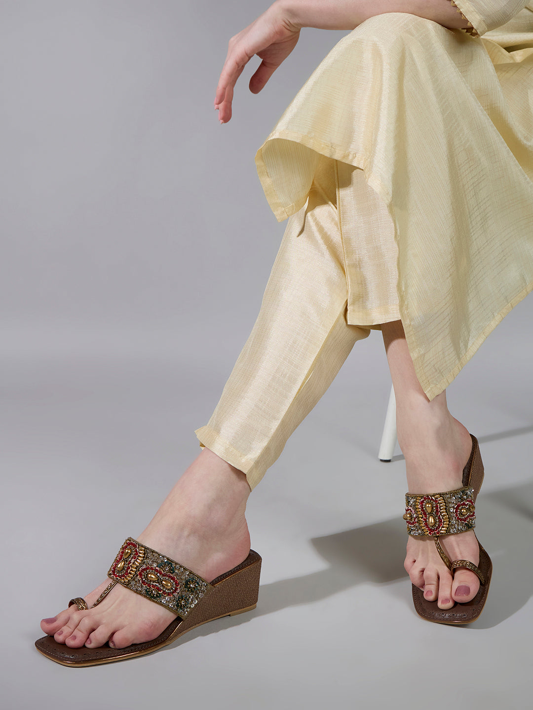 Womens Golden Ethnic Embellished Round Toe Wedge Heel Sandals