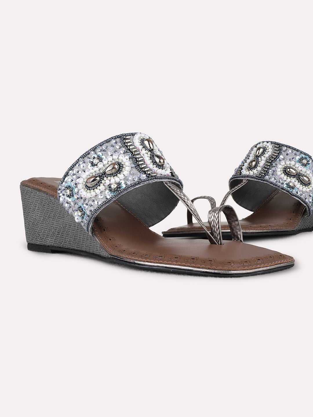 Womens Pewter Ethnic Embellished Round Toe Wedge Heel Sandals