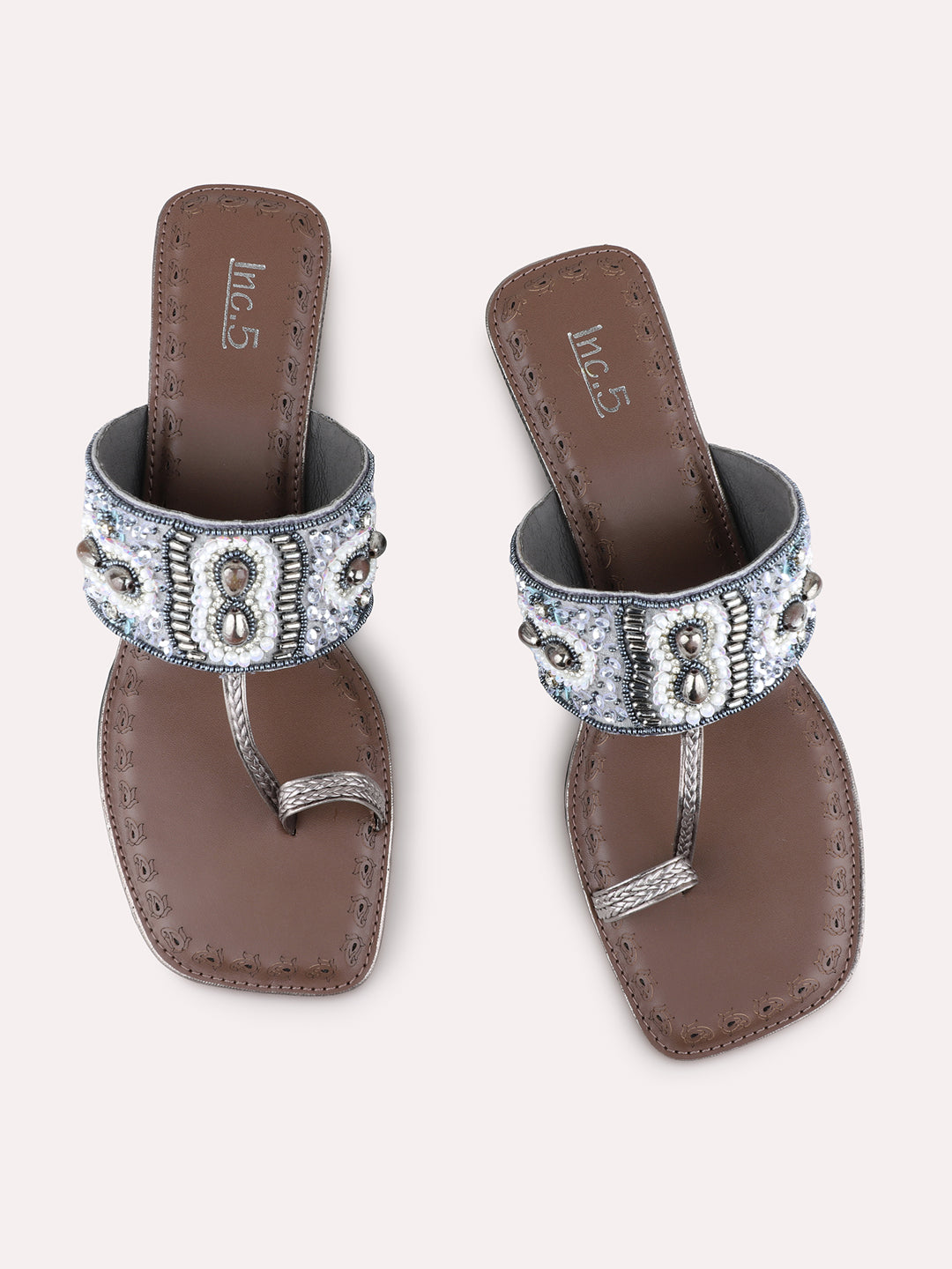 Womens Pewter Ethnic Embellished Round Toe Wedge Heel Sandals