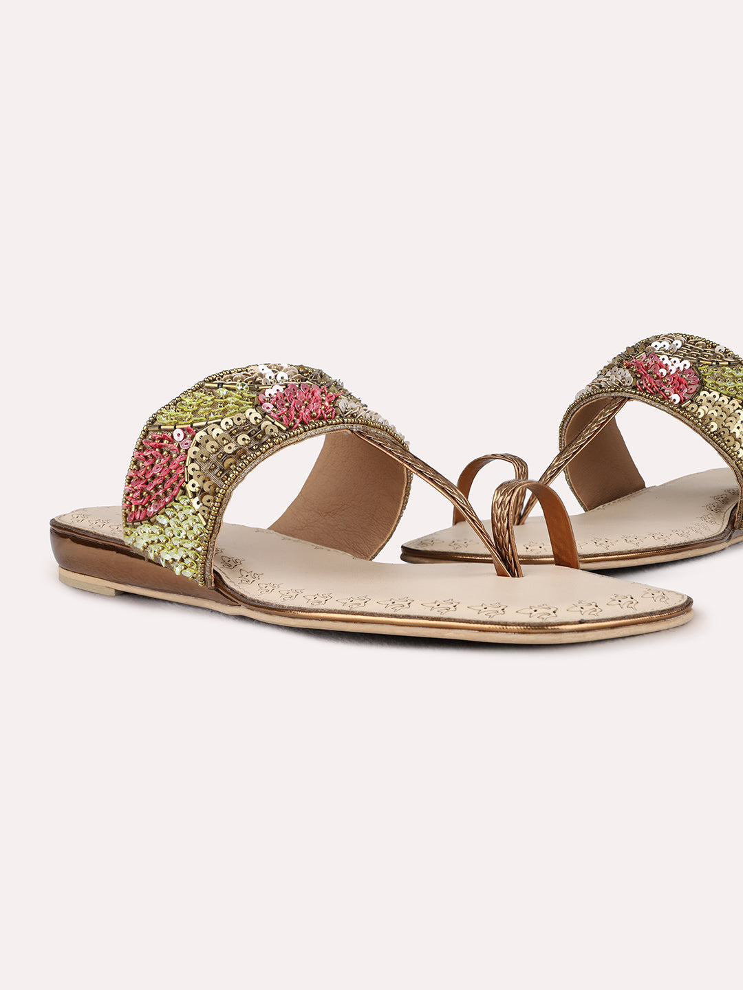 Womens Golden Ethnic Embellished One Toe Flat Slip-On Sandals