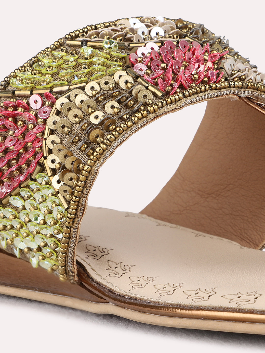 Womens Golden Ethnic Embellished One Toe Flat Slip-On Sandals