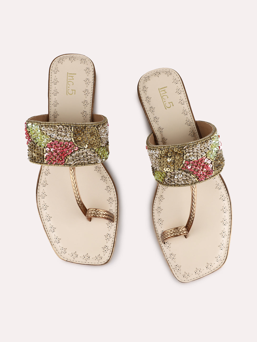 Womens Golden Ethnic Embellished One Toe Flat Slip-On Sandals