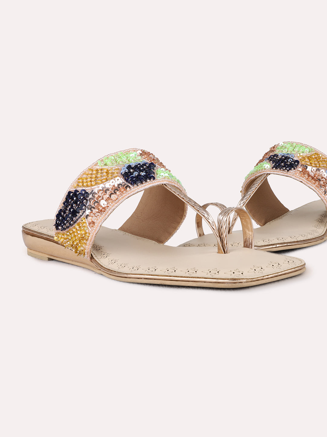 Womens Rose Gold Ethnic Embellished One Toe Flats