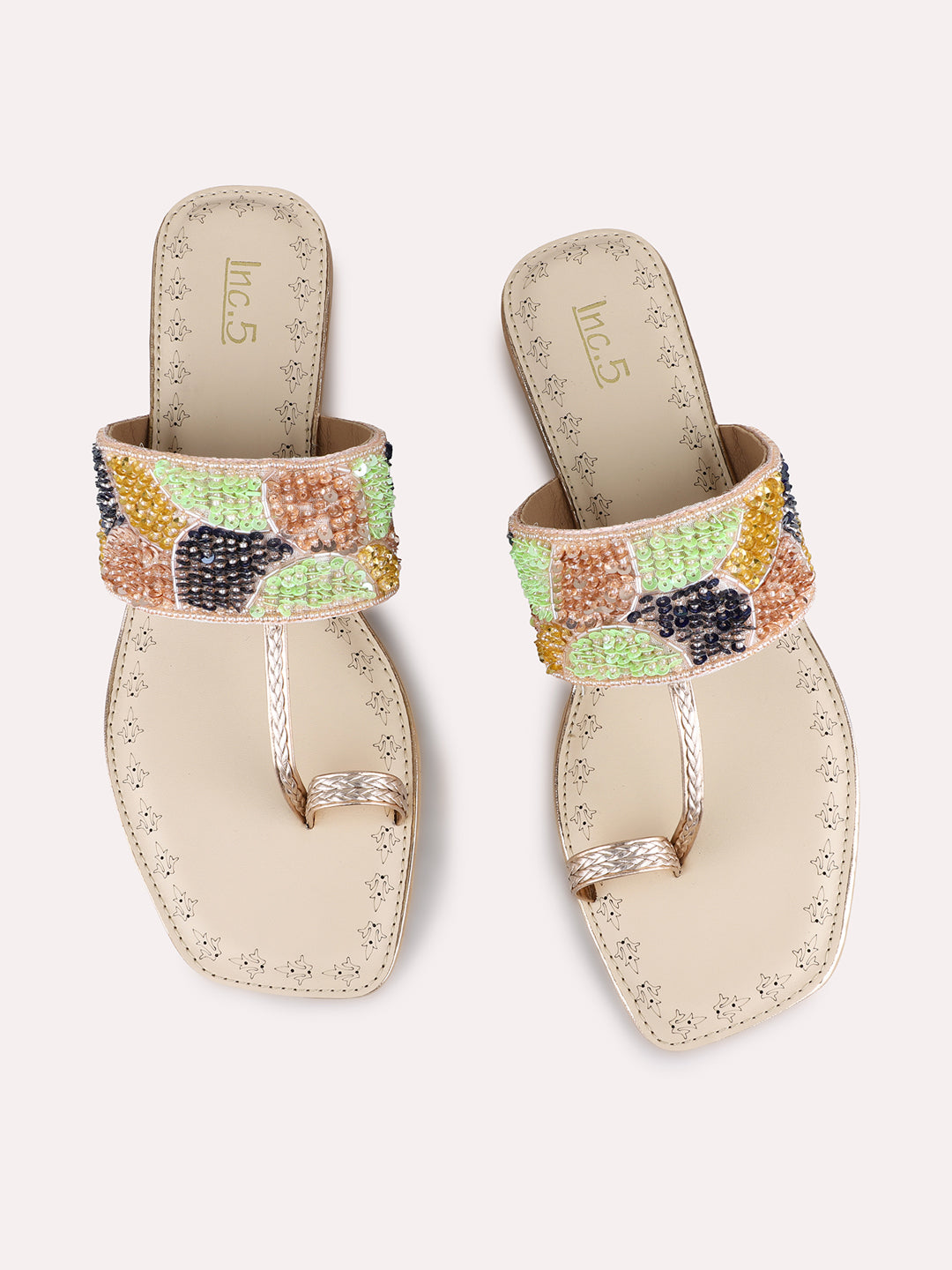 Womens Rose Gold Ethnic Embellished One Toe Flats