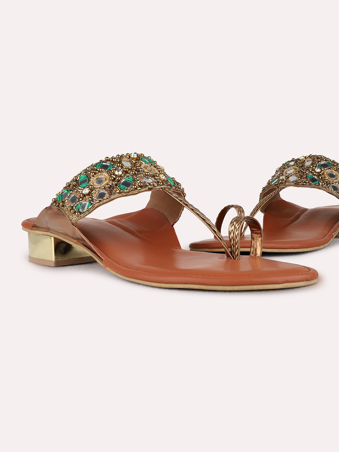 Womens Golden Ethnic Embellished Round Toe Block Heel Sandals