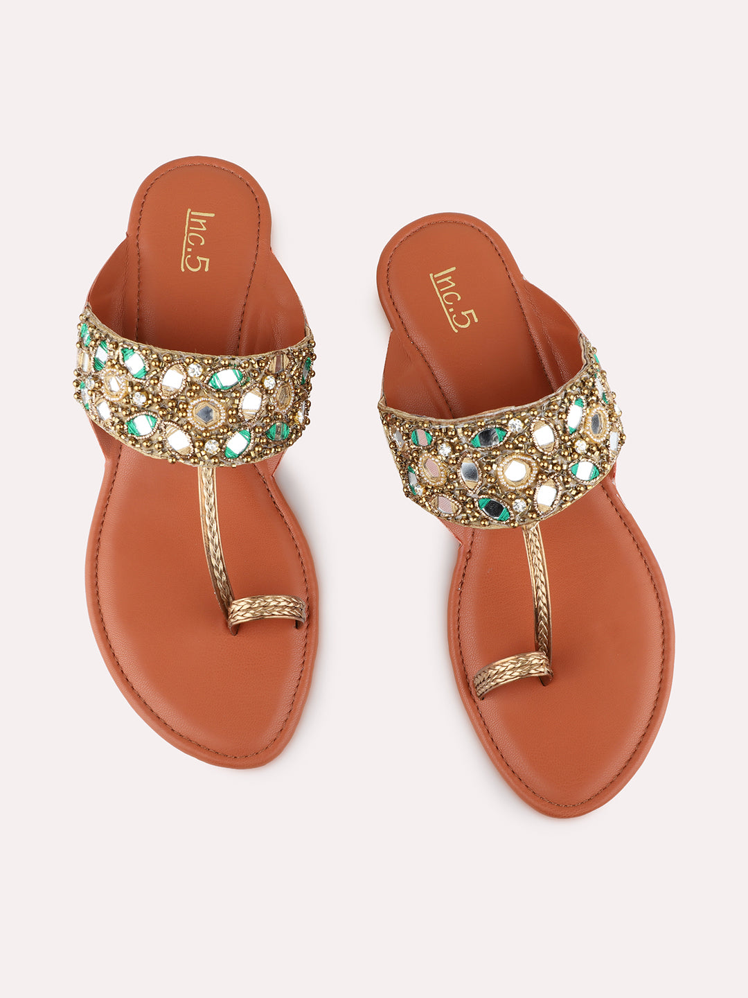 Womens Golden Ethnic Embellished Round Toe Block Heel Sandals