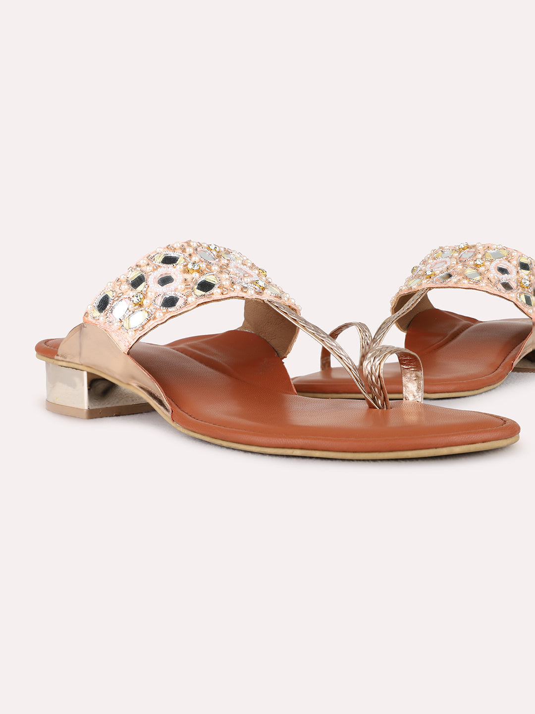 Womens Rose Gold Ethnic Embellished Round Toe Block Heels