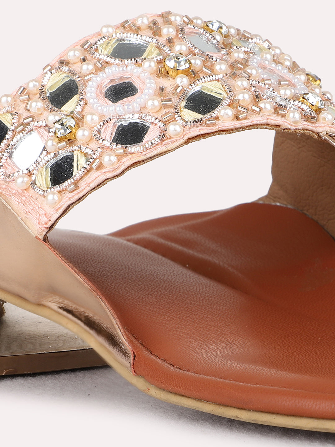 Womens Rose Gold Ethnic Embellished Round Toe Block Heels