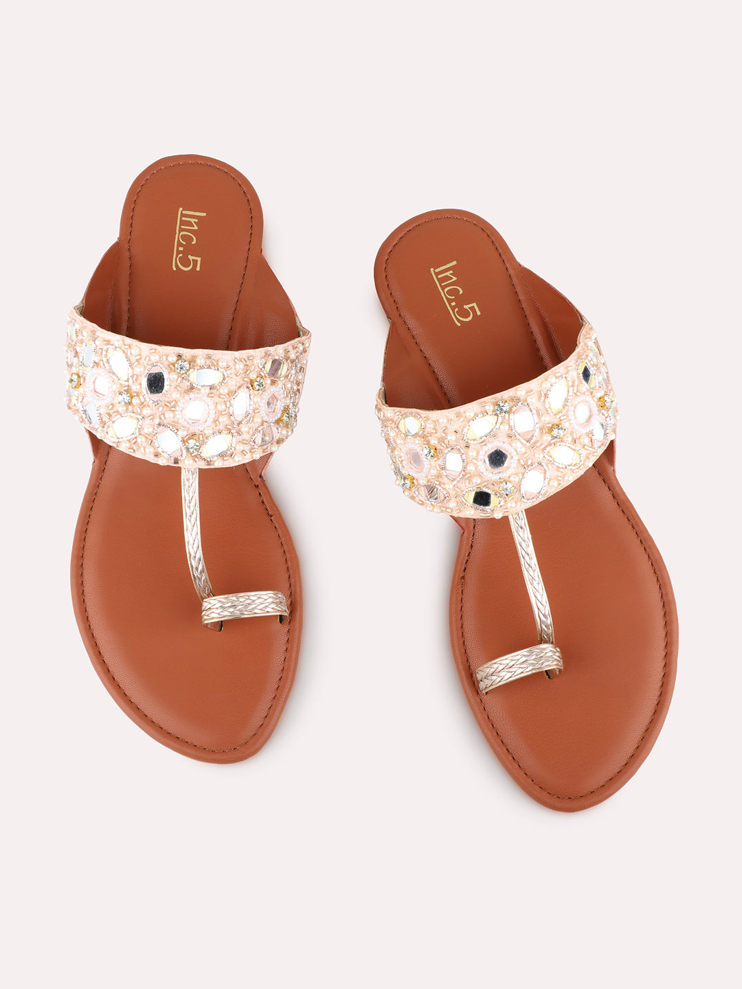 Womens Rose Gold Ethnic Embellished Round Toe Block Heels