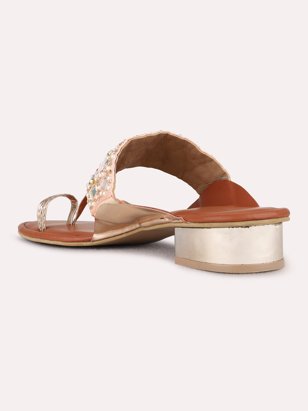 Womens Rose Gold Ethnic Embellished Round Toe Block Heels