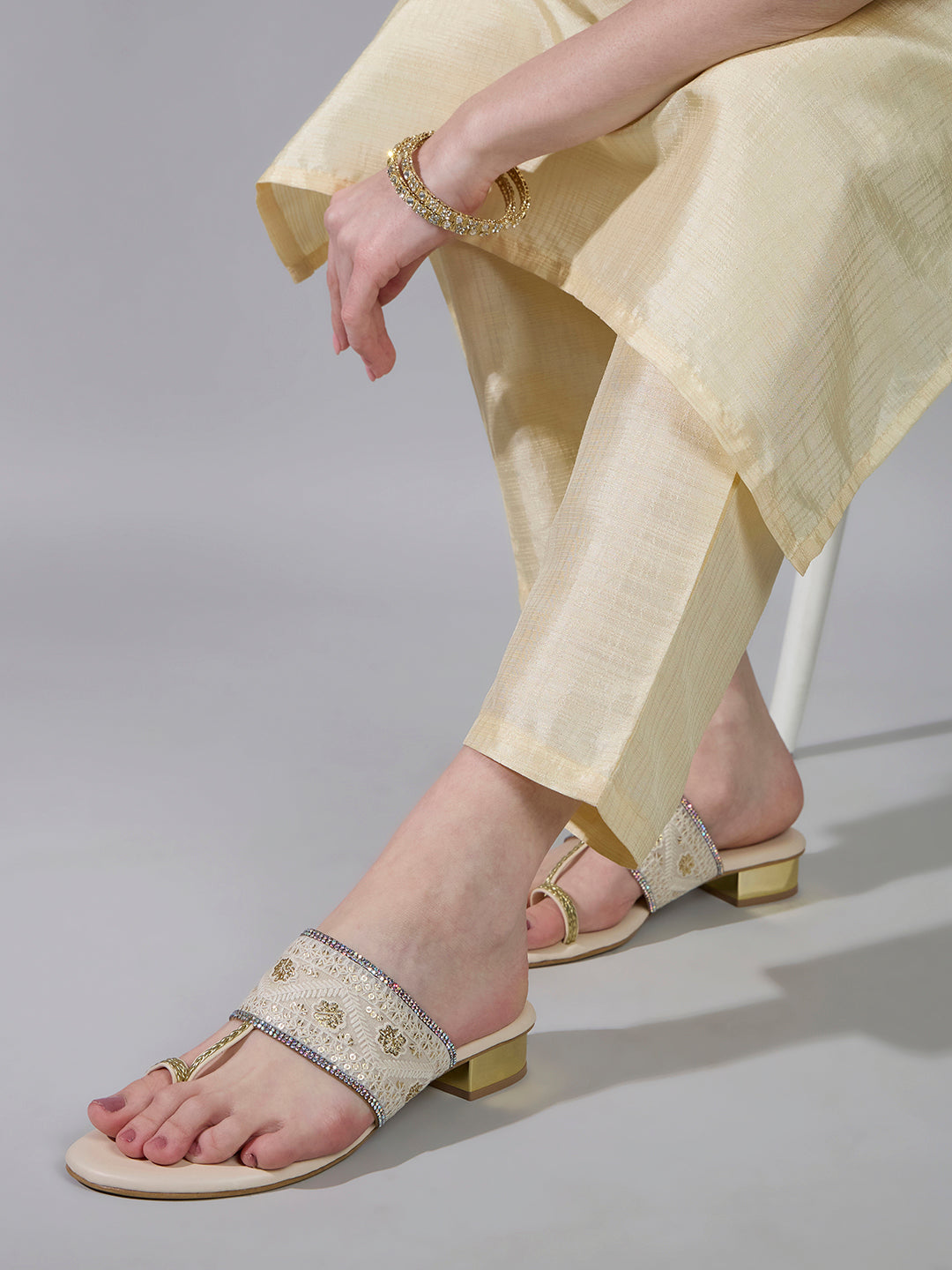 Womens Cream Ethnic Embellished Round Toe Block Heel Sandals