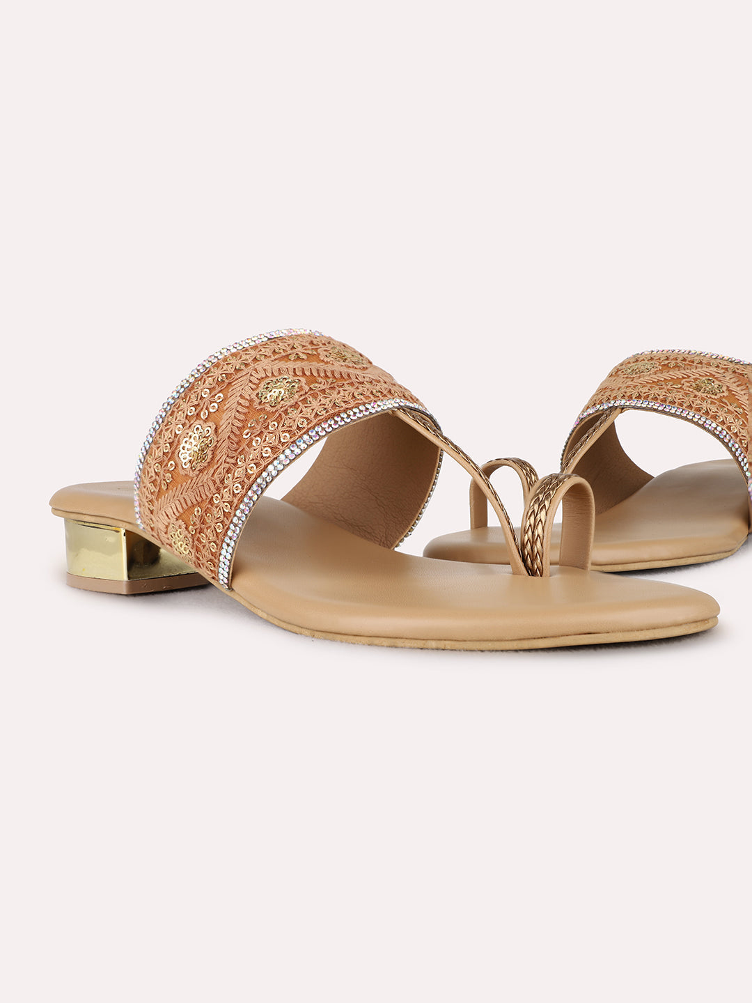 Womens Beige Ethnic Embellished Round Toe Block Heel Sandals