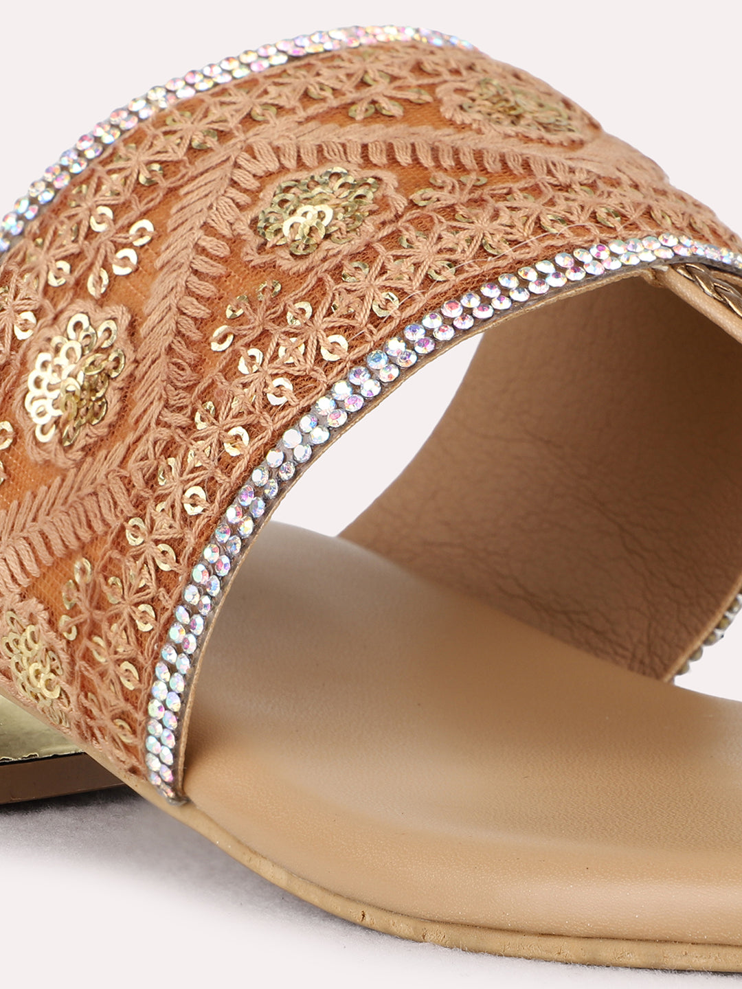 Womens Beige Ethnic Embellished Round Toe Block Heel Sandals
