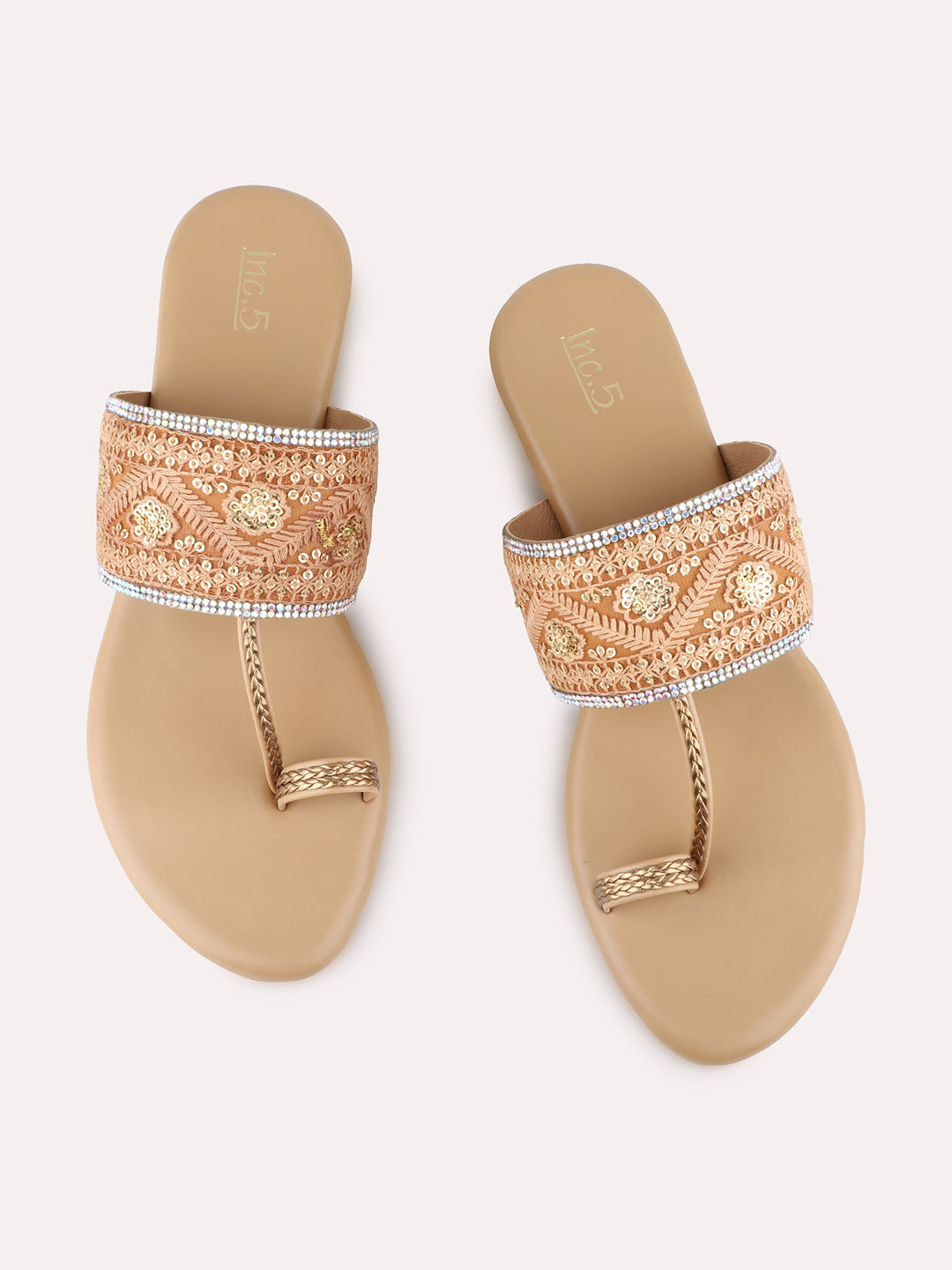 Womens Beige Ethnic Embellished Round Toe Block Heel Sandals