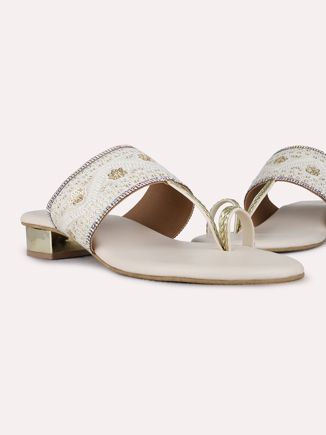 Womens Cream Ethnic Embellished Round Toe Block Heel Sandals