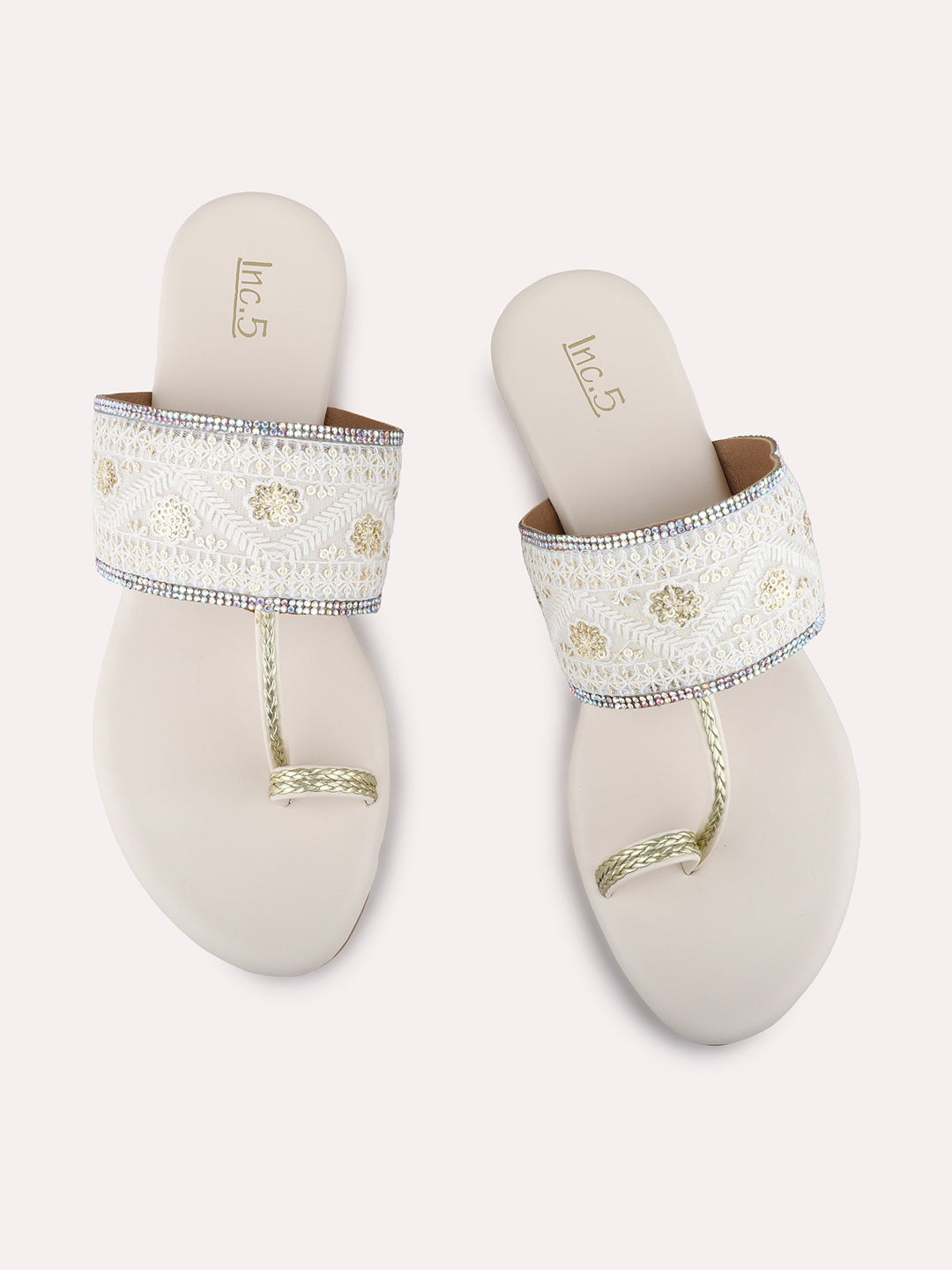 Womens Cream Ethnic Embellished Round Toe Block Heel Sandals