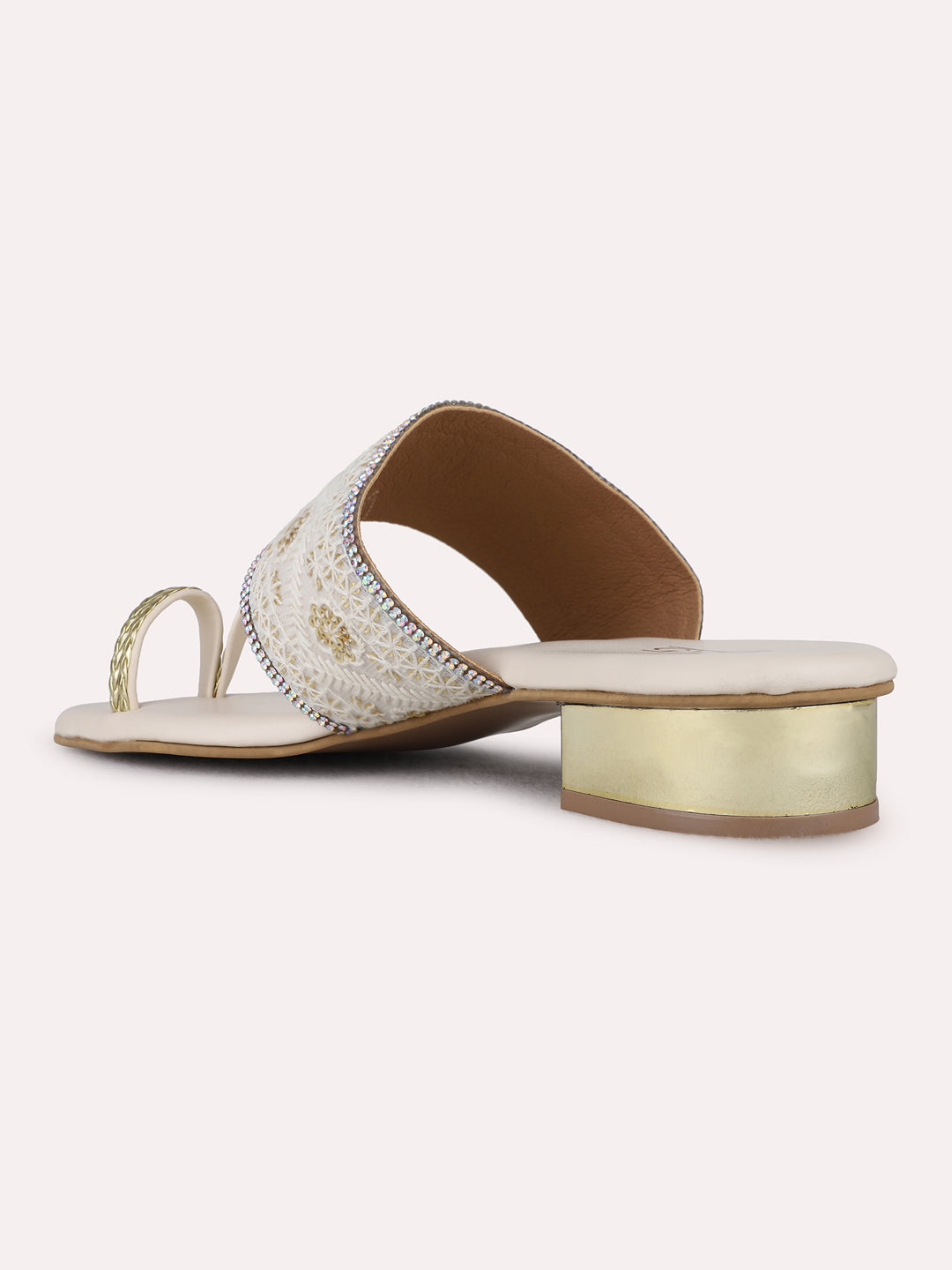 Womens Cream Ethnic Embellished Round Toe Block Heel Sandals