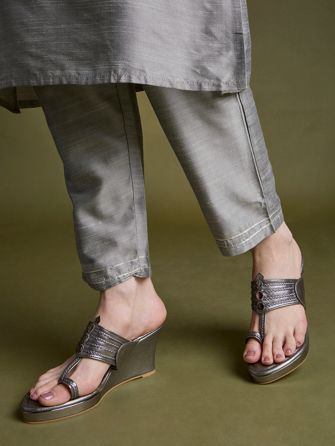 Womens Pewter Ethnic Wear Embellished Round Toe Wedge Heel Sandals