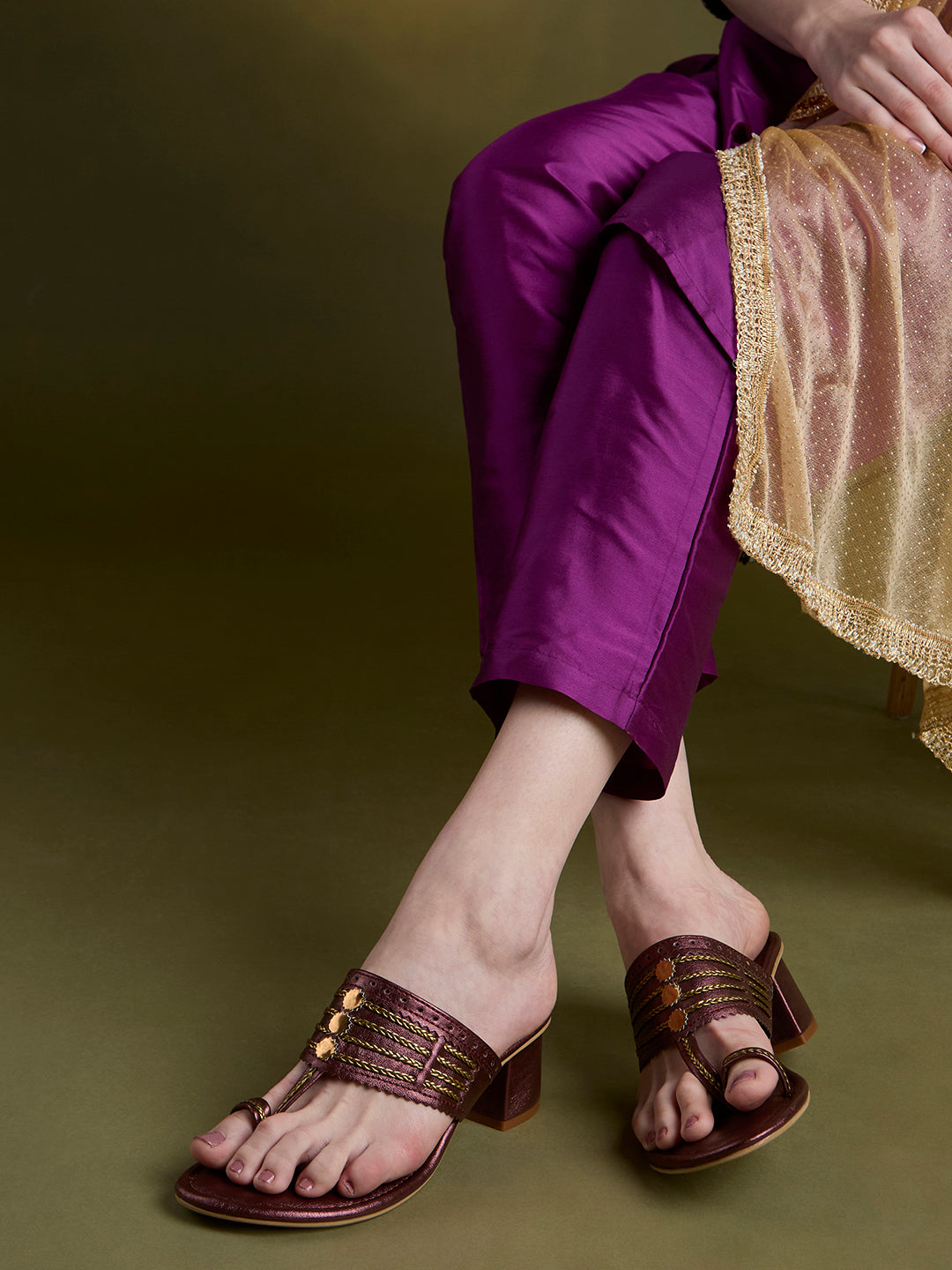 Womens Maroon Ethnic Wear Embellished Round Toe Block Heel Sandals