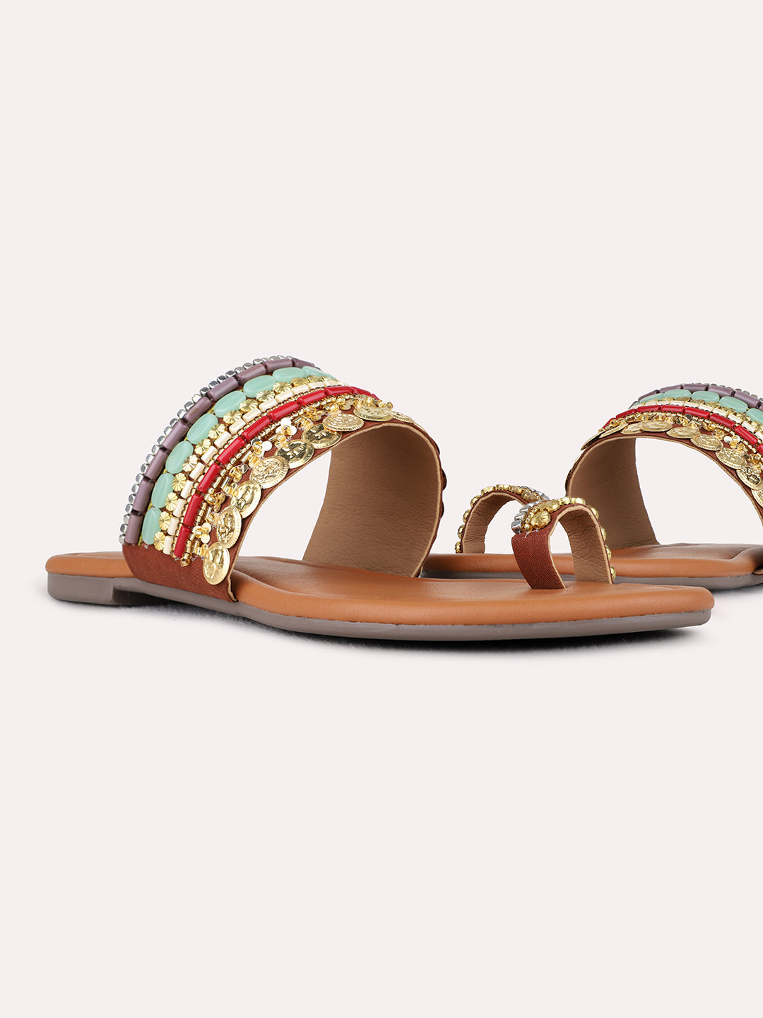 Womens Golden Ethnic Embellished One Toe Flat Slip-On Sandals
