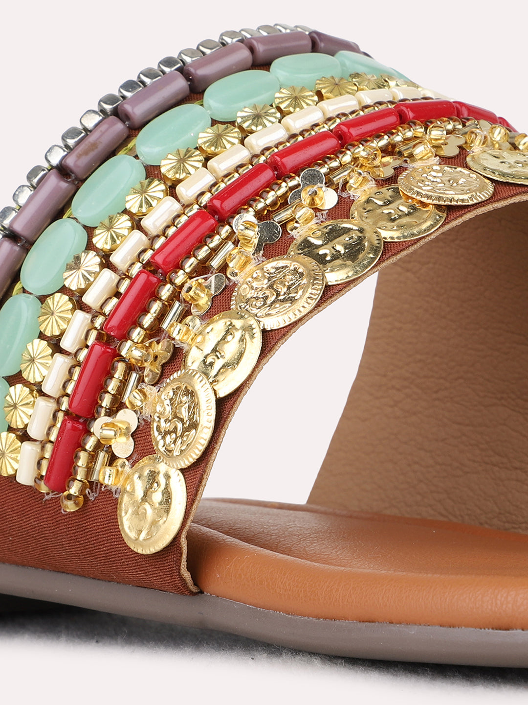 Womens Golden Ethnic Embellished One Toe Flat Slip-On Sandals