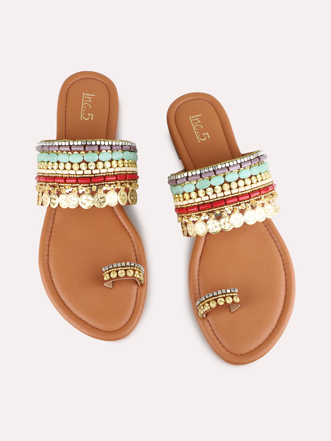 Womens Golden Ethnic Embellished One Toe Flat Slip-On Sandals