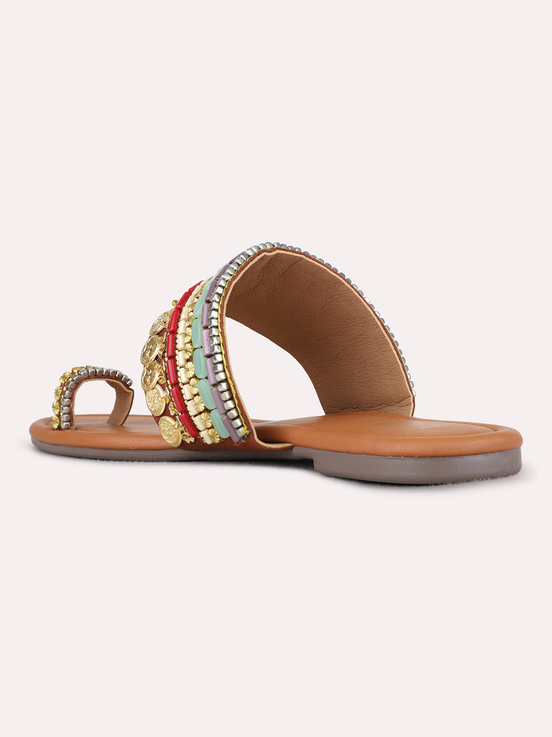 Womens Golden Ethnic Embellished One Toe Flat Slip-On Sandals