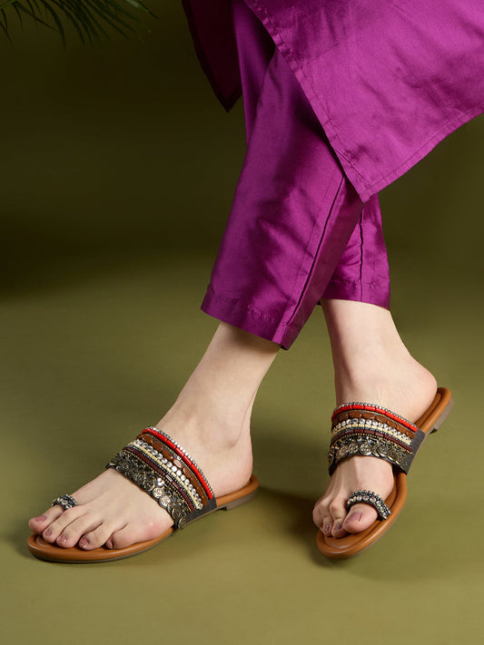 Womens Pewter Ethnic Embellished One Toe Flats