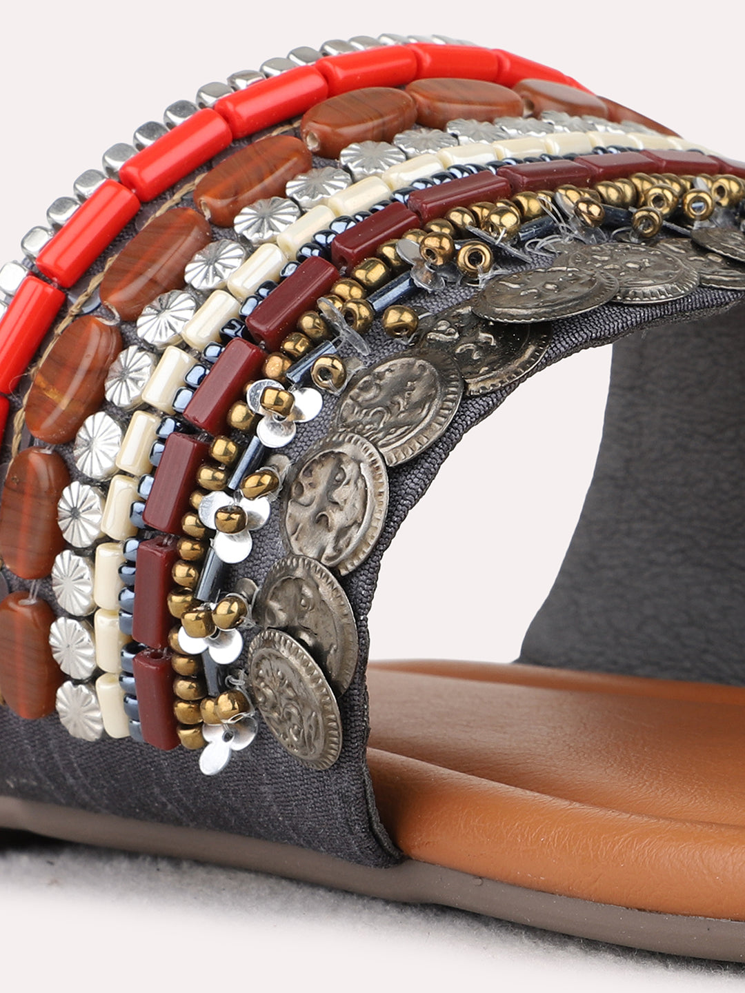 Womens Pewter Ethnic Embellished One Toe Flat Slip-On Sandals