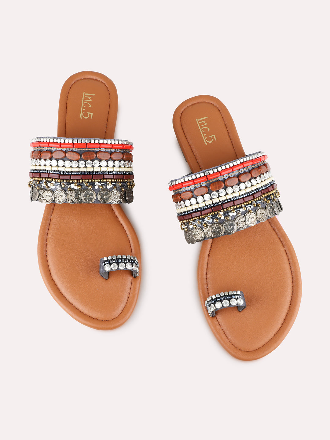 Womens Pewter Ethnic Embellished One Toe Flat Slip-On Sandals